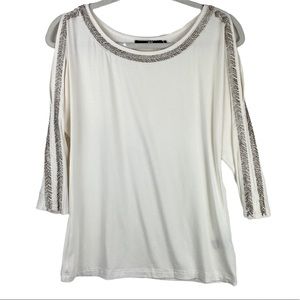 BKE Beaded Embellished Cold Shoulder Top Sz Small Ivory Silver Western